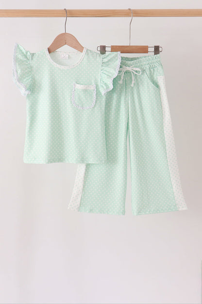 Green Polka Dot Pocket Ruffle Pants Set