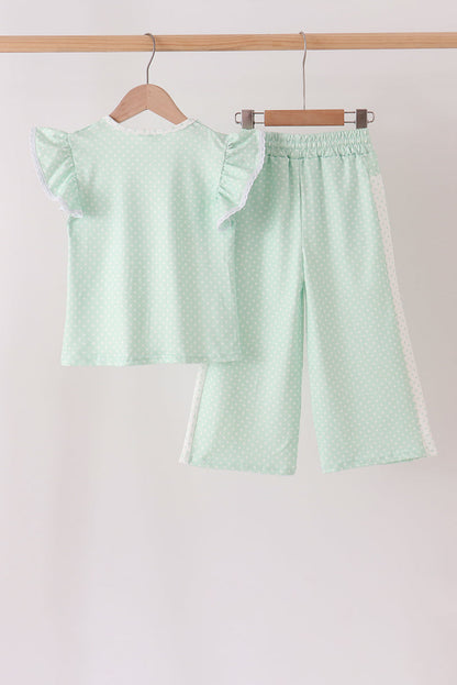 Green Polka Dot Pocket Ruffle Pants Set