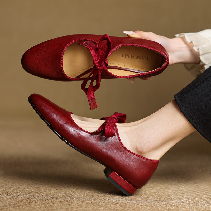Women’s Vintage French Style Low Heel Leather Shoes