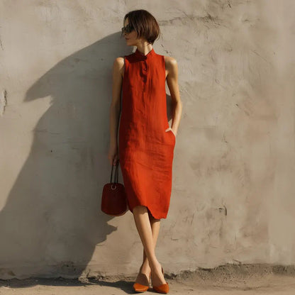 Women's Sleeveless A-Line Midi Dress – Solid Color Cotton Linen Casual