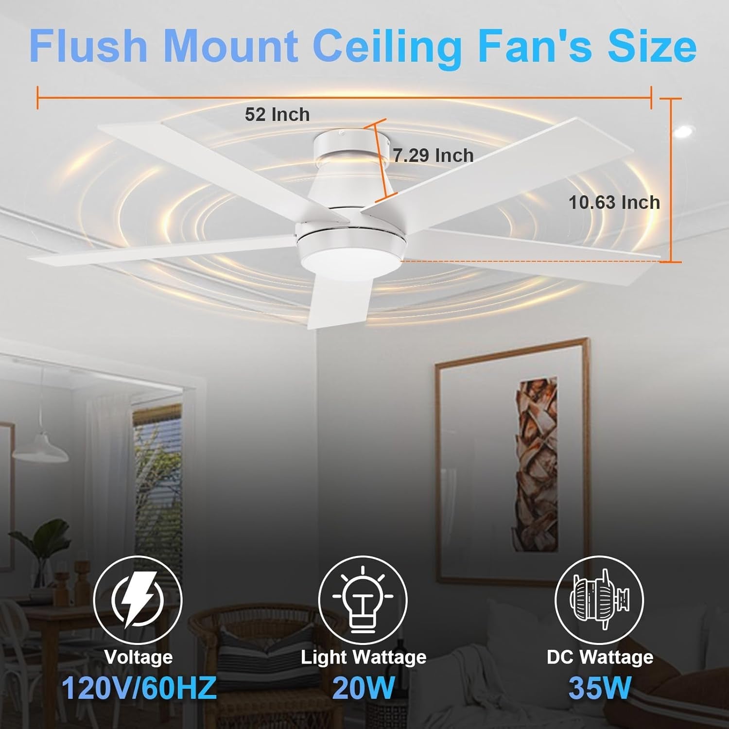 52" Ceiling Fan with Lights, White Flush Mount Ceiling Fans, 5 Blades Low Profile Ceiling Fans, 6 Speeds DC Reversible, Dimmable, Modern Ceiling Fans for Bedroom, Living Room and Garage (White)