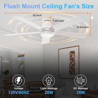52" Ceiling Fan with Lights, White Flush Mount Ceiling Fans, 5 Blades Low Profile Ceiling Fans, 6 Speeds DC Reversible, Dimmable, Modern Ceiling Fans for Bedroom, Living Room and Garage (White)