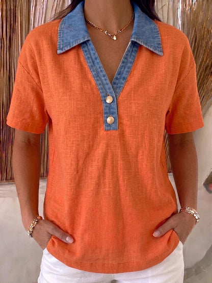 Women's Denim-Trimmed Linen Cotton Contrast Shirt
