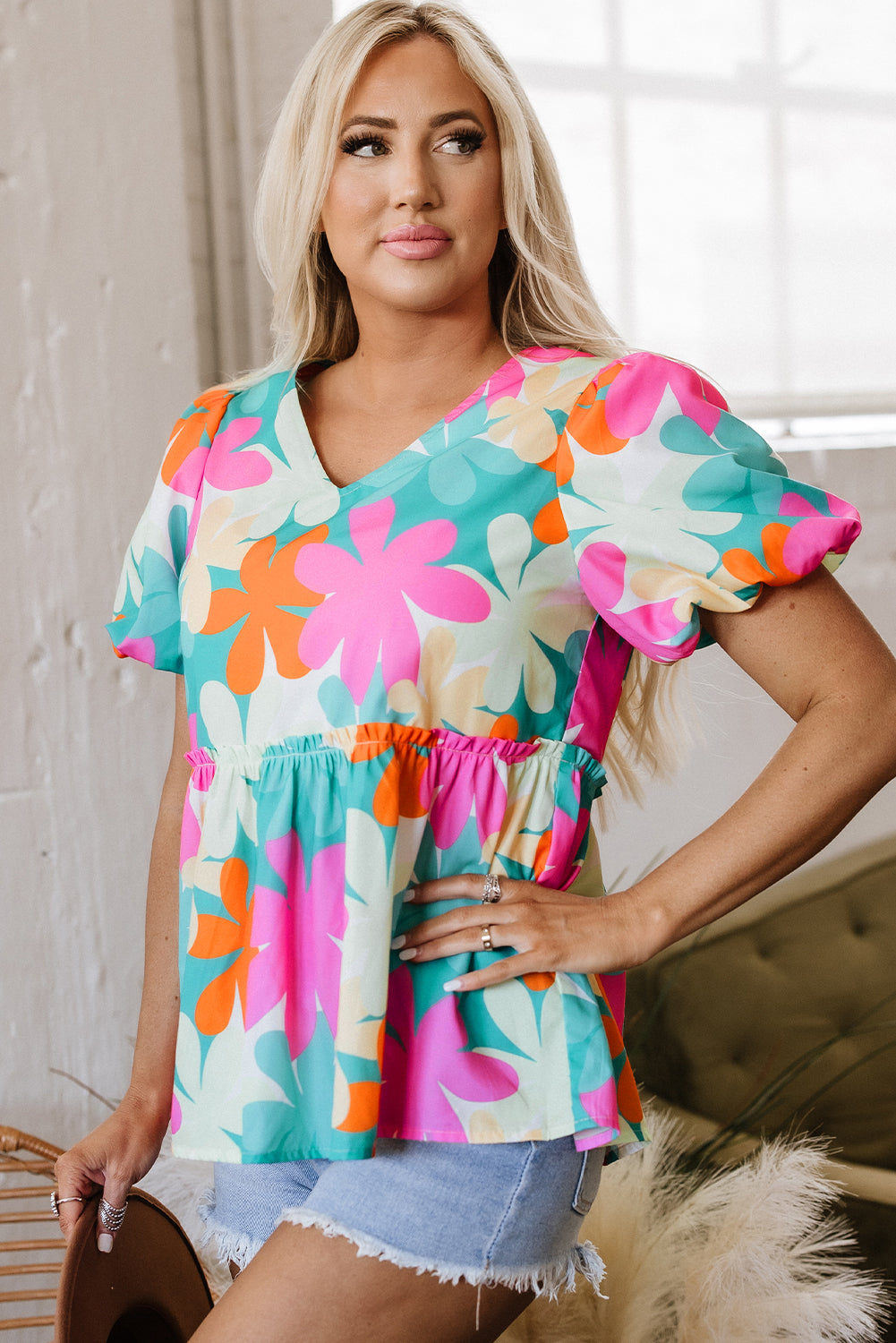 Threaded Pear Rayne Floral V Neck Peplum Blouse