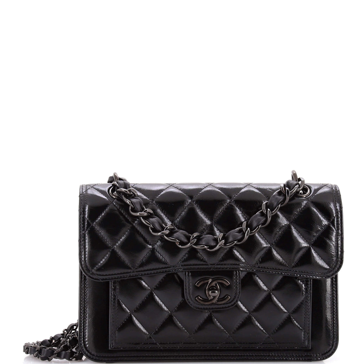 So Black Double You CC Flap Bag Quilted Shiny Crumpled Calfskin Medium