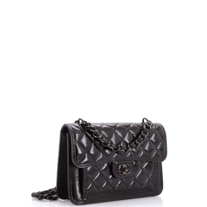 So Black Double You CC Flap Bag Quilted Shiny Crumpled Calfskin Medium