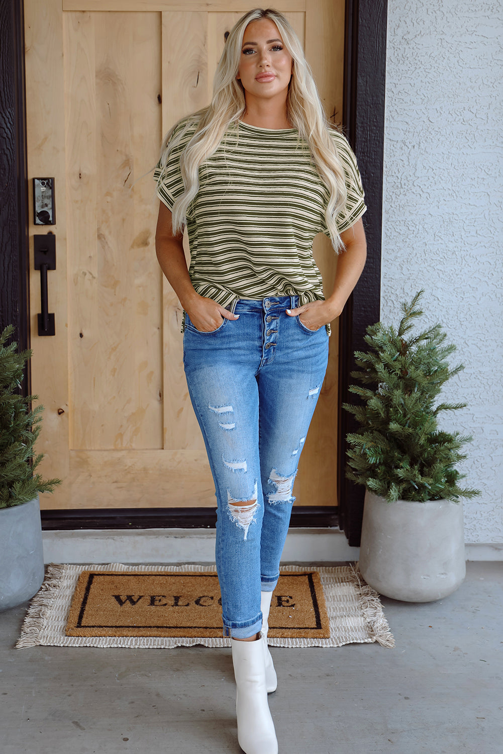 Abby Stripe Textured Side Slits Top - Threaded Pear