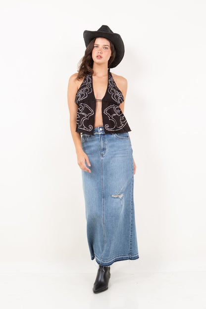 Livia Denim Maxi Skirt Frayed Waistband w/ Slit Detail