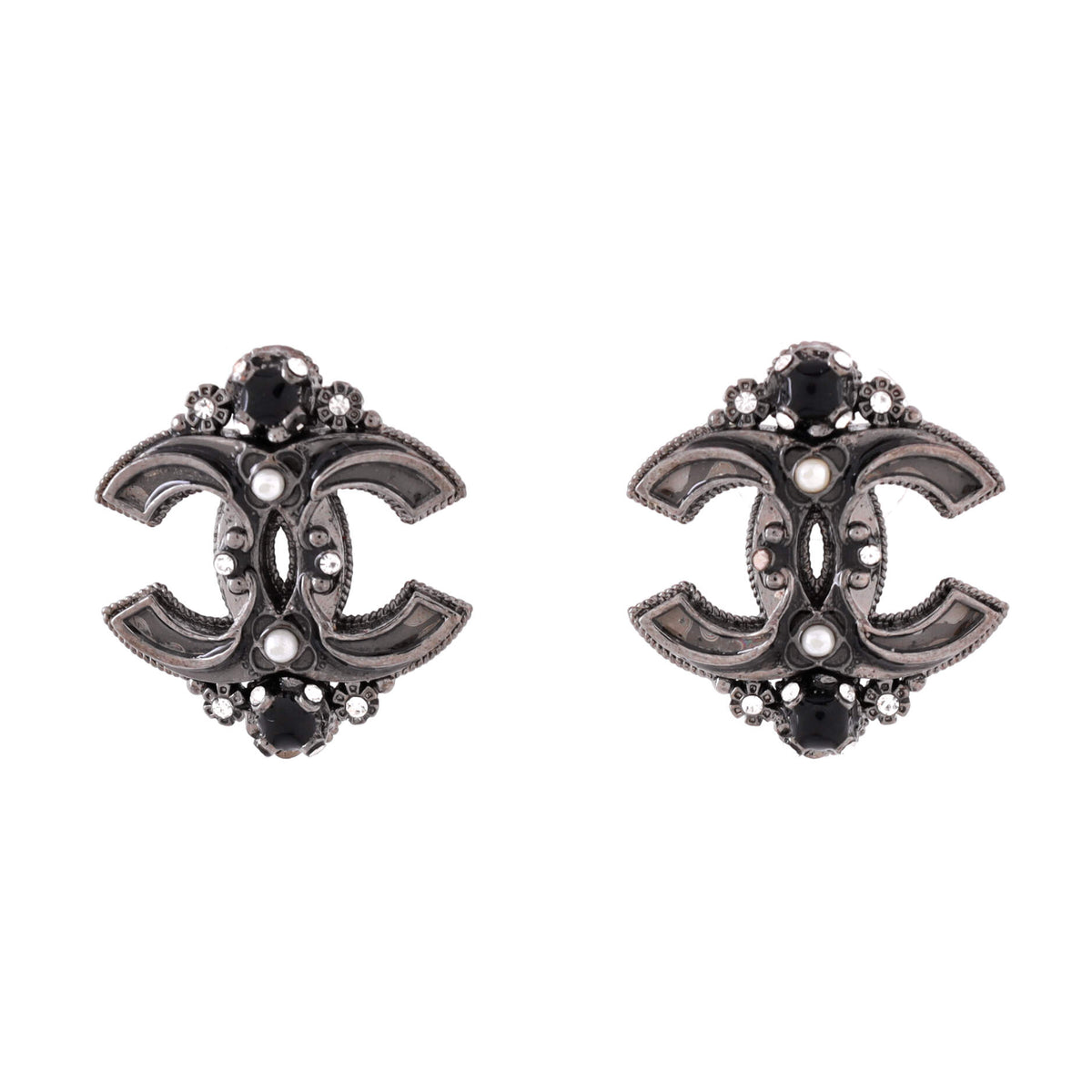 CC Stud Earrings Metal with Faux Pearls and Crystals