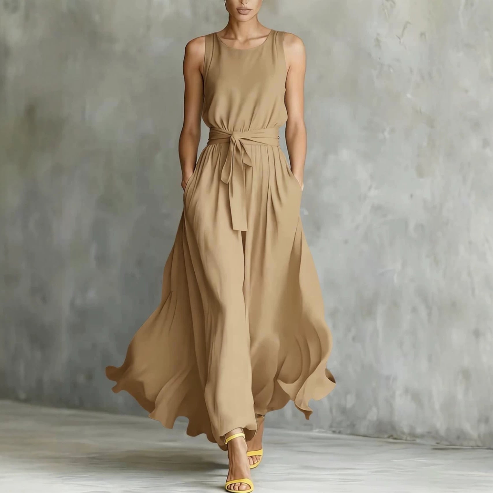 Women's Lace-Up Waist-Cinching Sleeveless Maxi Dress Khaki / 2XL Women's Lace-Up Waist-Cinching Sleeveless Maxi Dress Khaki / 2XL