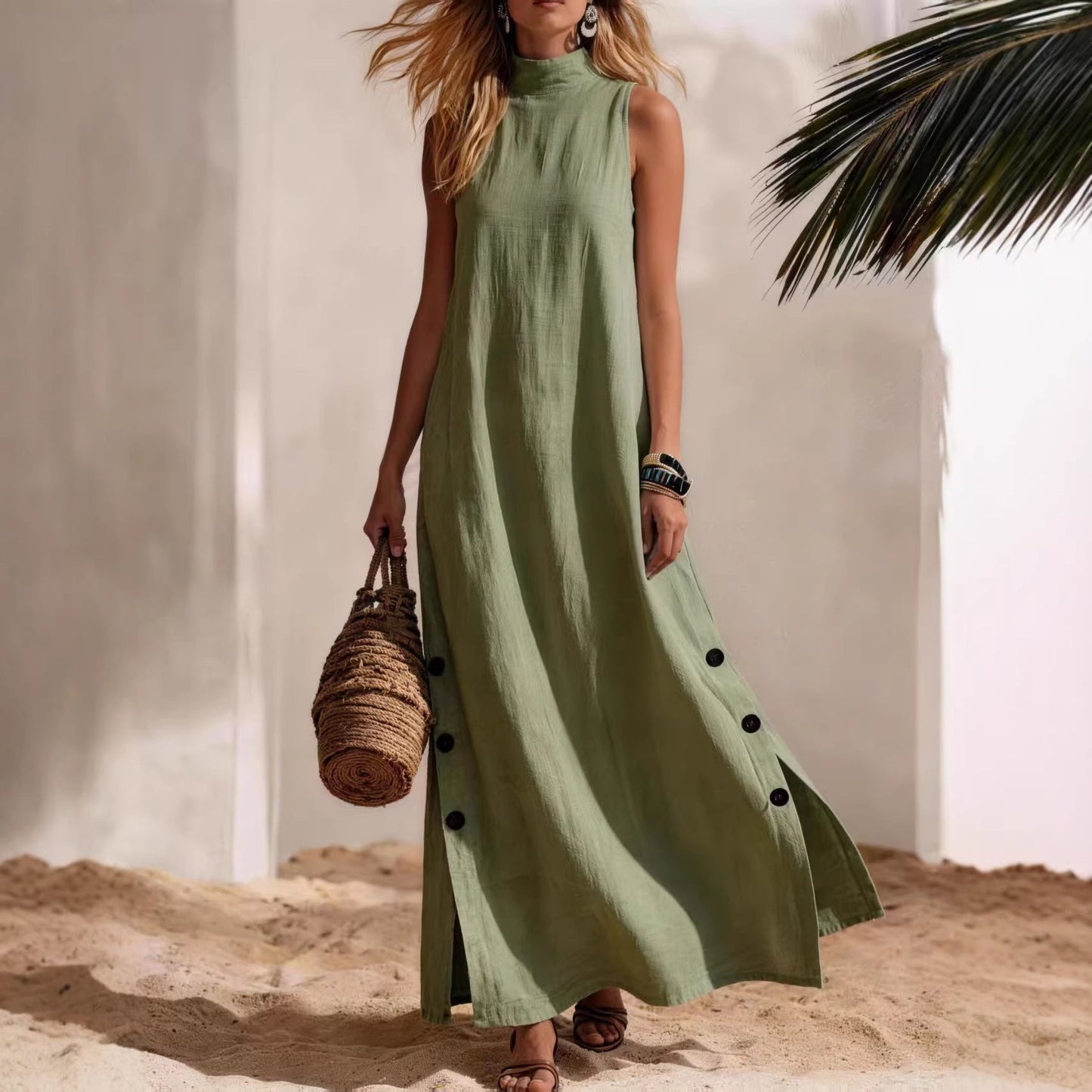 Cotton Linen Sleeveless Midi Dress – Side Slits & Loose Fit
