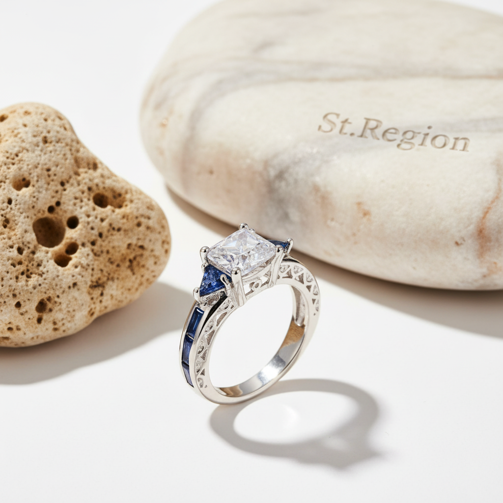 Navy Crystal & Silvertone Prong Illusion Ring