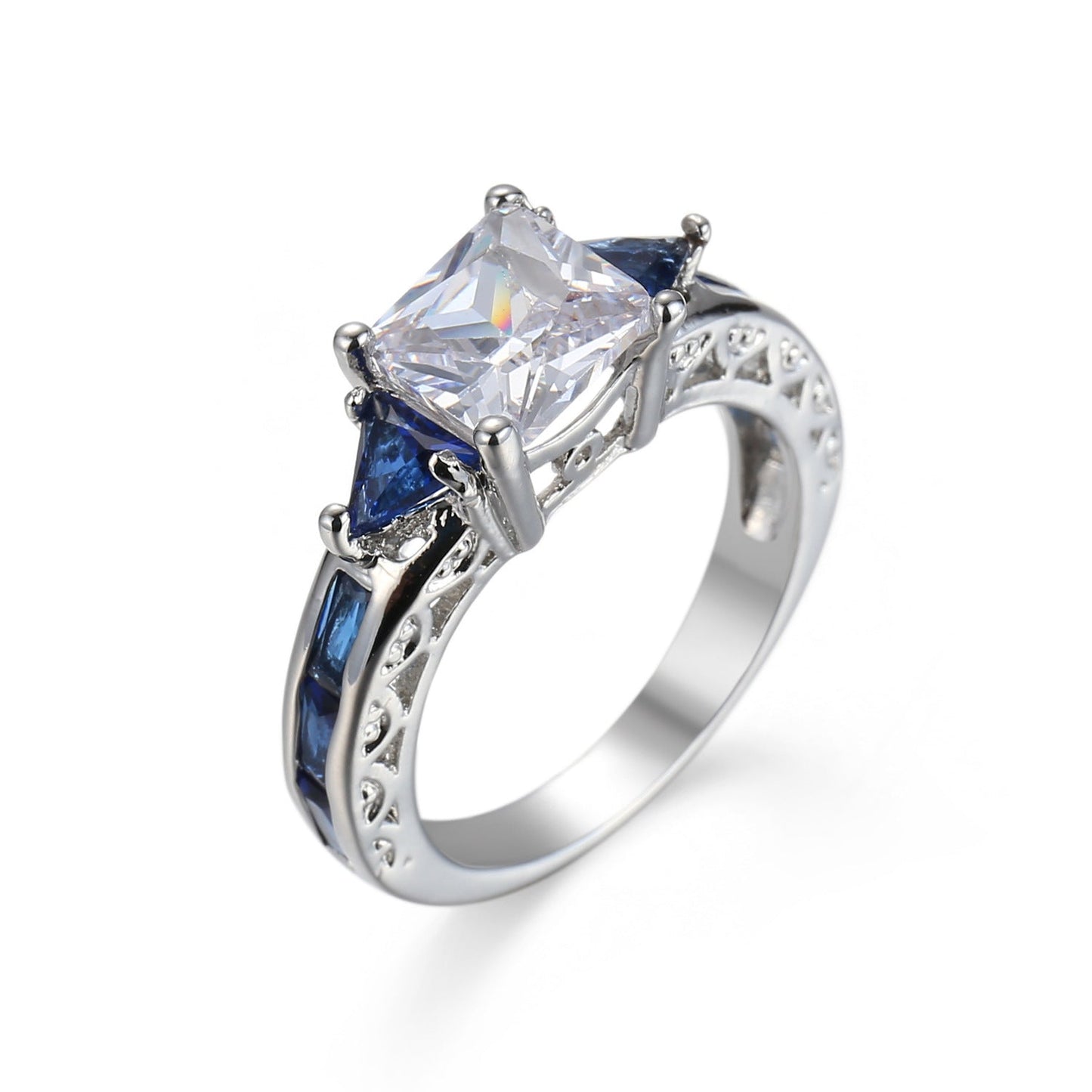 Navy Crystal & Silvertone Prong Illusion Ring