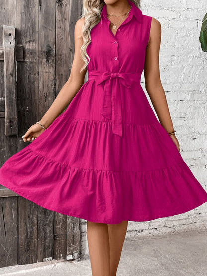 🌴 Women's Ruffle Hem Belted Shirt Maxi Dress
