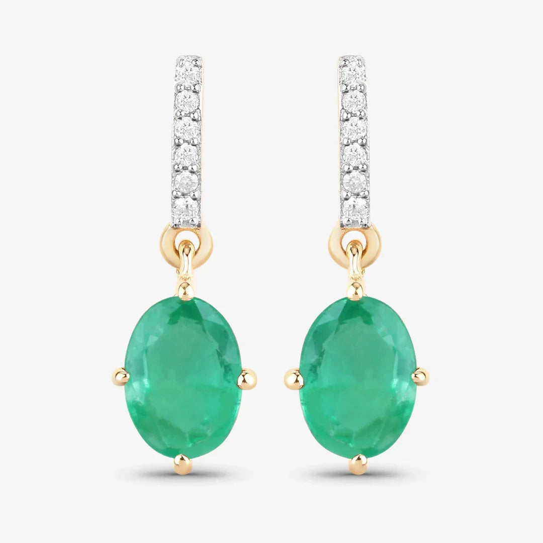 1.44 Ct Oval Green Zambian Emerald Diamond Prong 10K Gold Dangle Earrings
