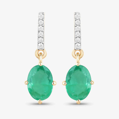 1.44 Ct Oval Green Zambian Emerald Diamond Prong 10K Gold Dangle Earrings
