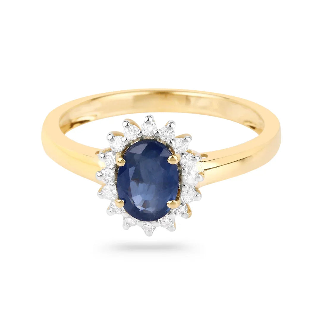 0.95 Ct Oval Blue Sapphire Diamond Prong 10k Gold Halo Ring