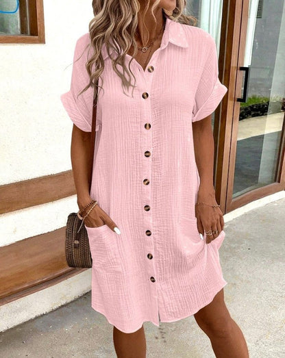 Women's Cotton Linen Shirt Dress – V-Neck Button-Front A-Line Dress