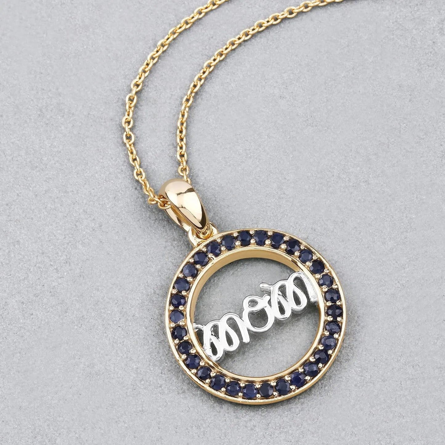 Round Blue Sapphire Prong Gold Plated Silver Mom Circle Pendant Necklace