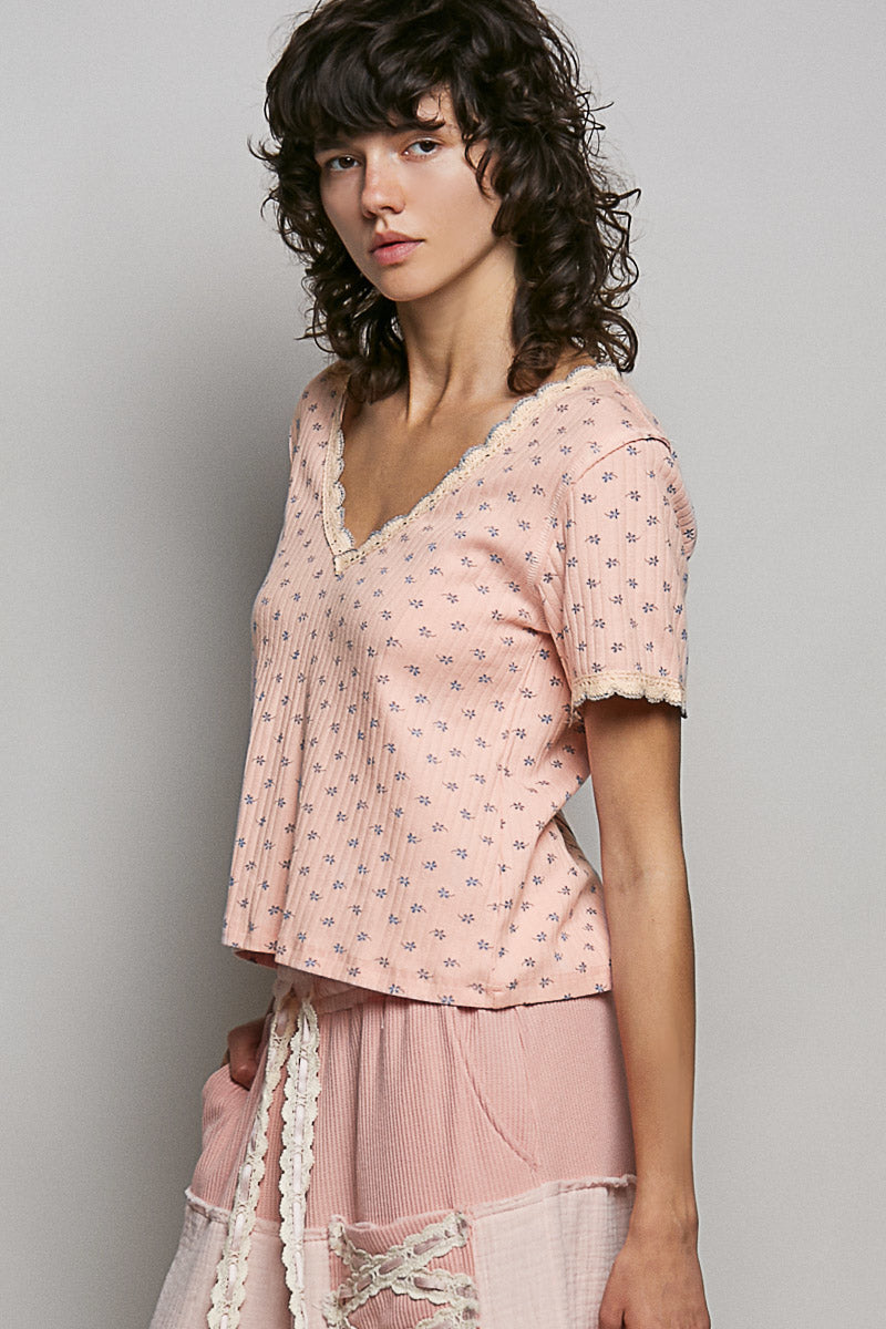 POL Floral V-Neck Short Sleeve Rib T-Shirt in Pink