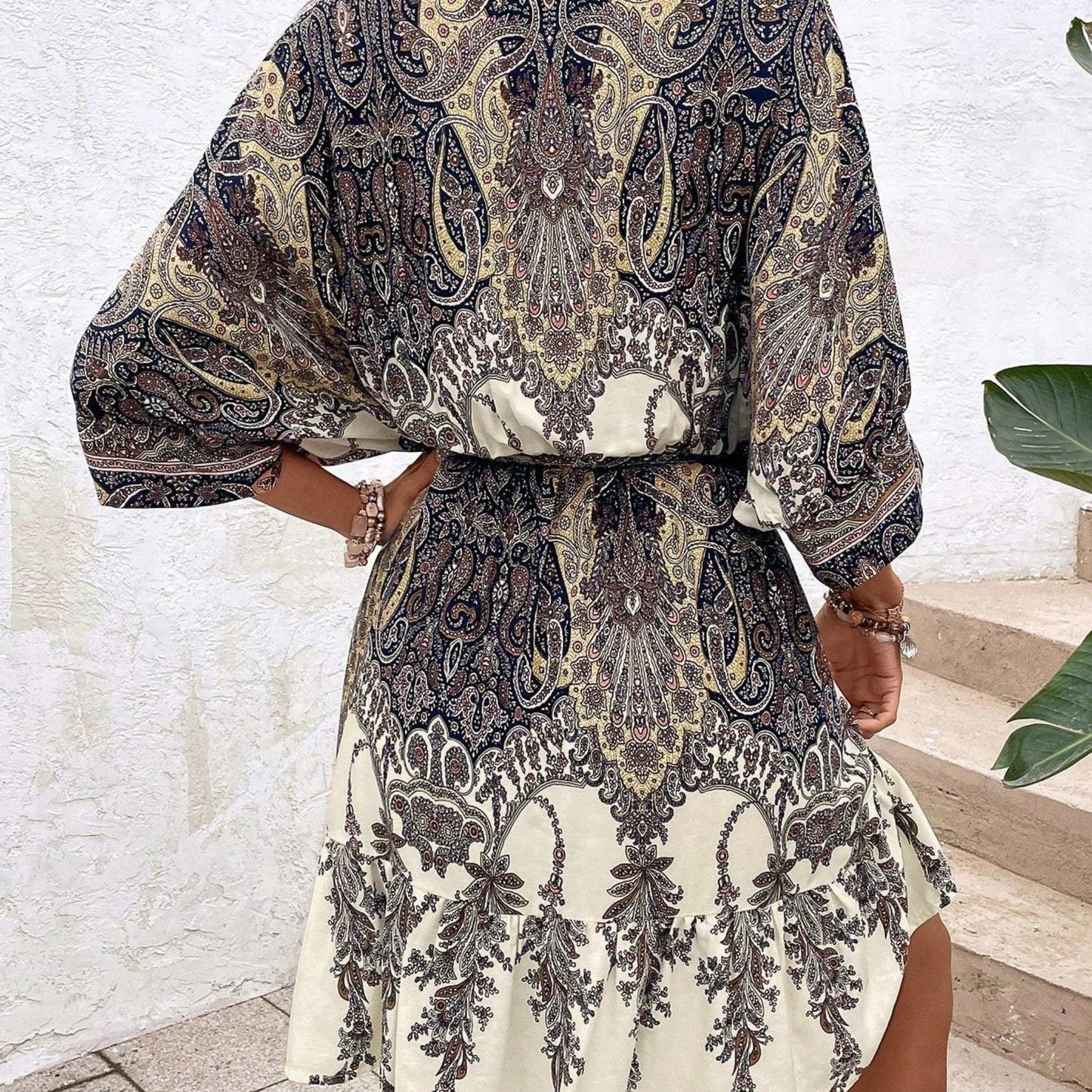 Paisley Print Batwing Sleeve Tassel Tie Front Ruffle Hem Dress