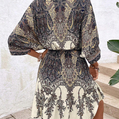 Paisley Print Batwing Sleeve Tassel Tie Front Ruffle Hem Dress