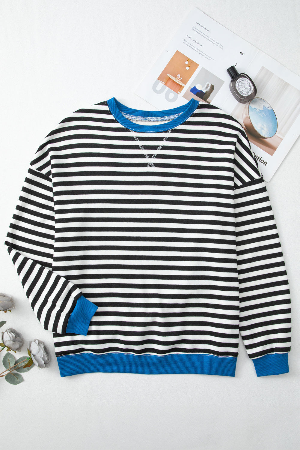Threaded Pear Elliana Stripe Crossed Stitch Drop Shoulder Sweatshirt