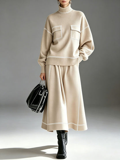 Women's Turtleneck Balloon-Sleeve Knit Top & A-Line Midi Skirt Set with Contrast Topstitching