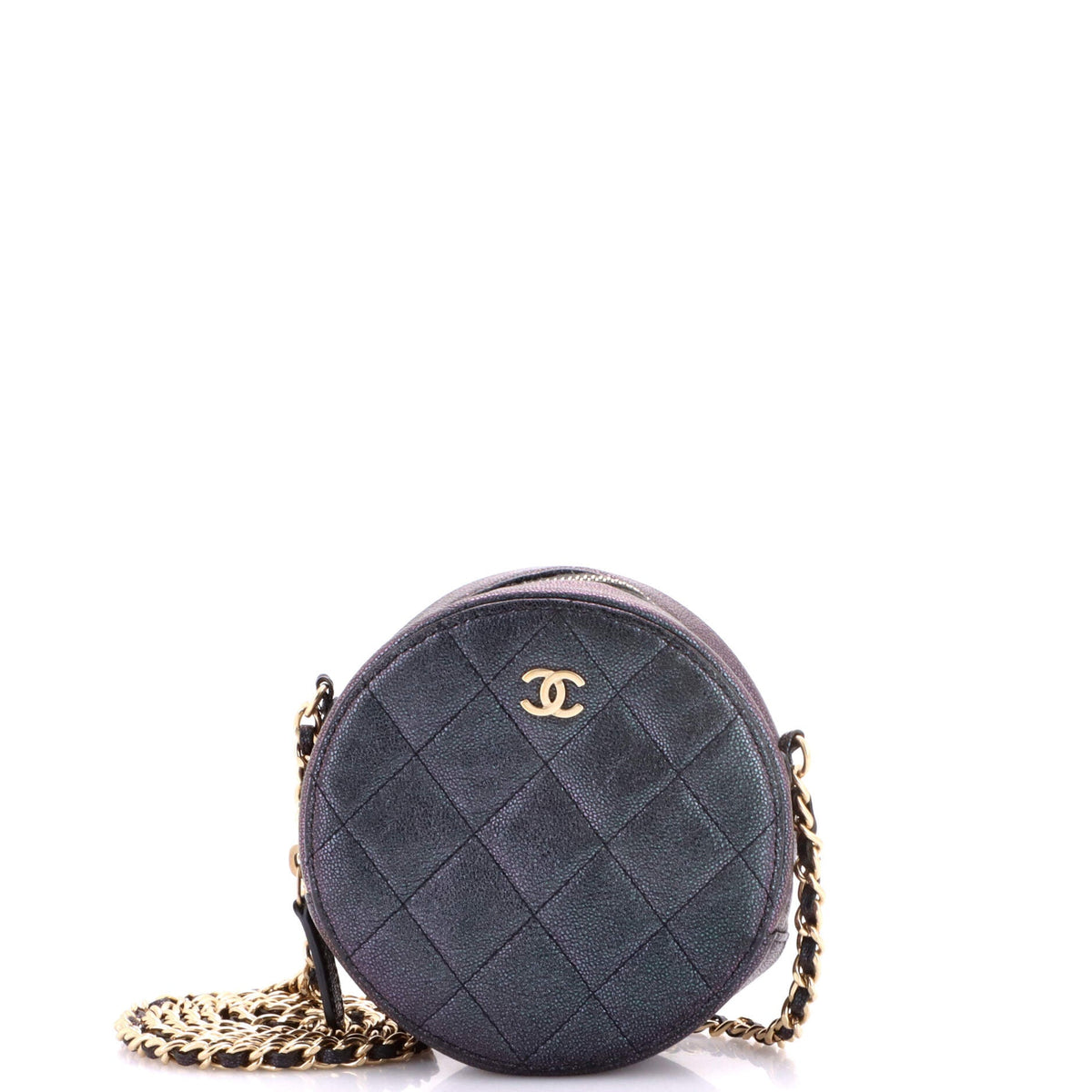 Round Clutch with Chain Quilted Iridescent Caviar Mini