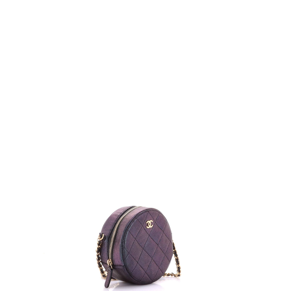 Round Clutch with Chain Quilted Iridescent Caviar Mini