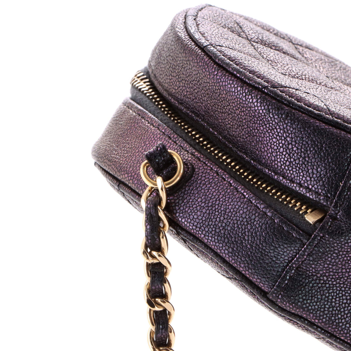 Round Clutch with Chain Quilted Iridescent Caviar Mini