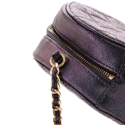 Round Clutch with Chain Quilted Iridescent Caviar Mini