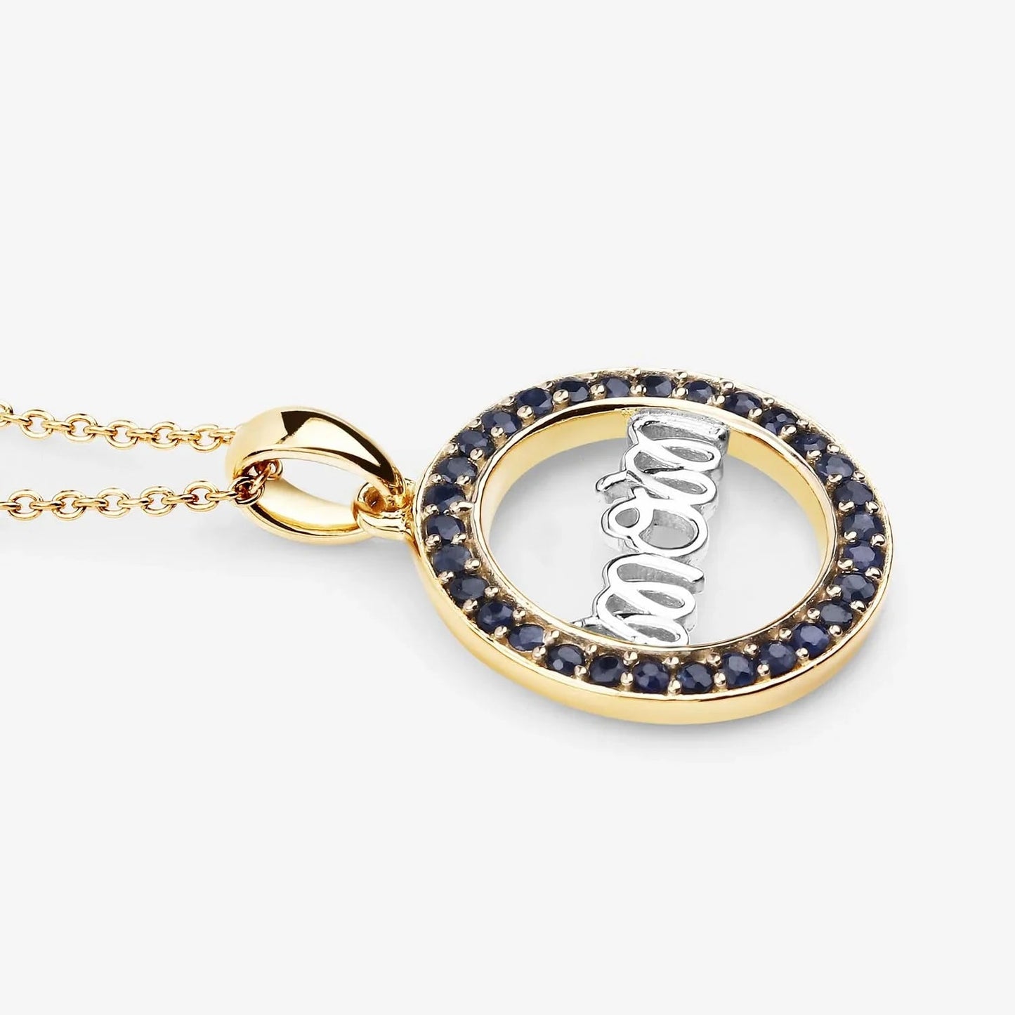 Round Blue Sapphire Prong Gold Plated Silver Mom Circle Pendant Necklace