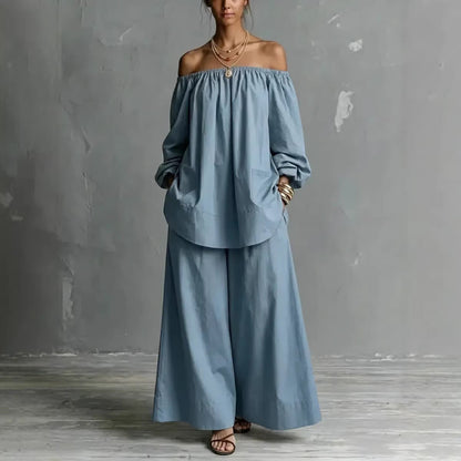 Off-Shoulder Cotton-Linen Wide-Leg Pants Set – 6 Colors, S–5XL