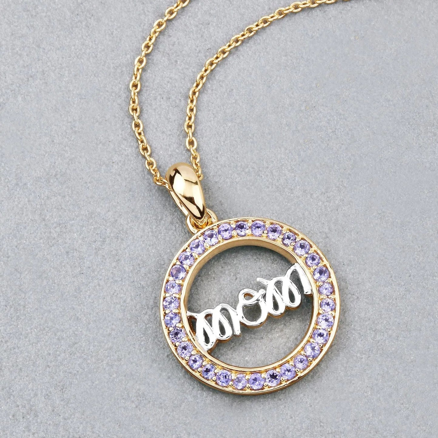 Round Violet Tanzanite Prong Gold Plated Silver Mom Circle Pendant Necklace