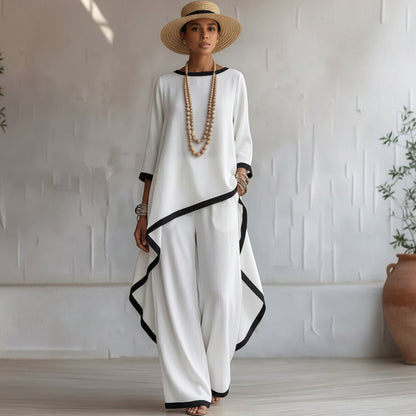 Women's Asymmetric Linen Tunic & Wide-Leg Pants Set
