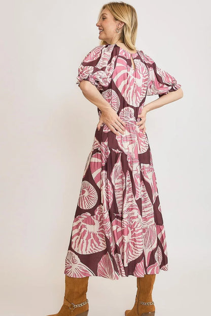 Umgee Full Size Printed Notched Puff Sleeve Midi Dress Plus Size