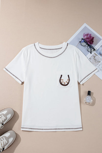 Threaded Pear Horseshoe Embroidered Patch Pocket Tee