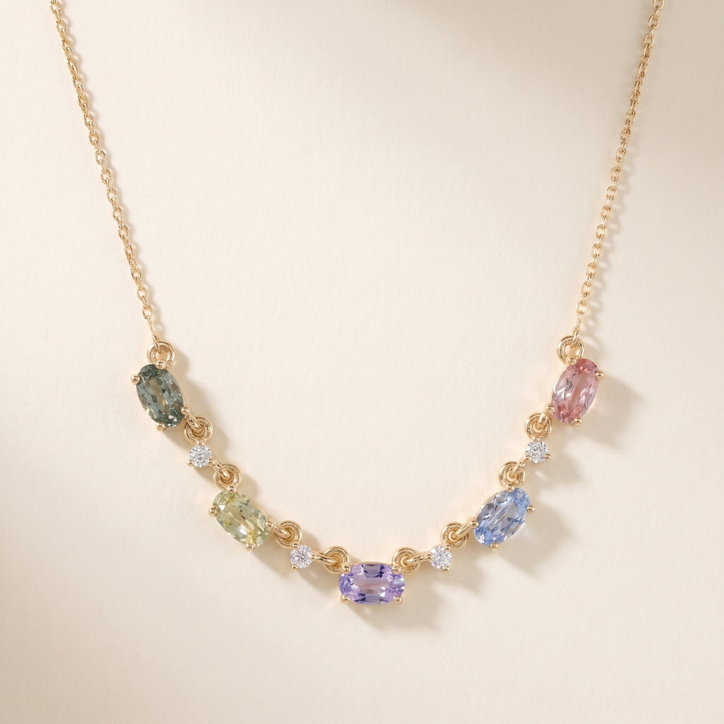 IGI Certified 1.80 Ct Multi Color Unheated Sapphire and Diamond 14K Yellow Gold Curved Necklace