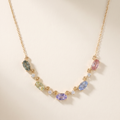 IGI Certified 1.80 Ct Multi Color Unheated Sapphire and Diamond 14K Yellow Gold Curved Necklace