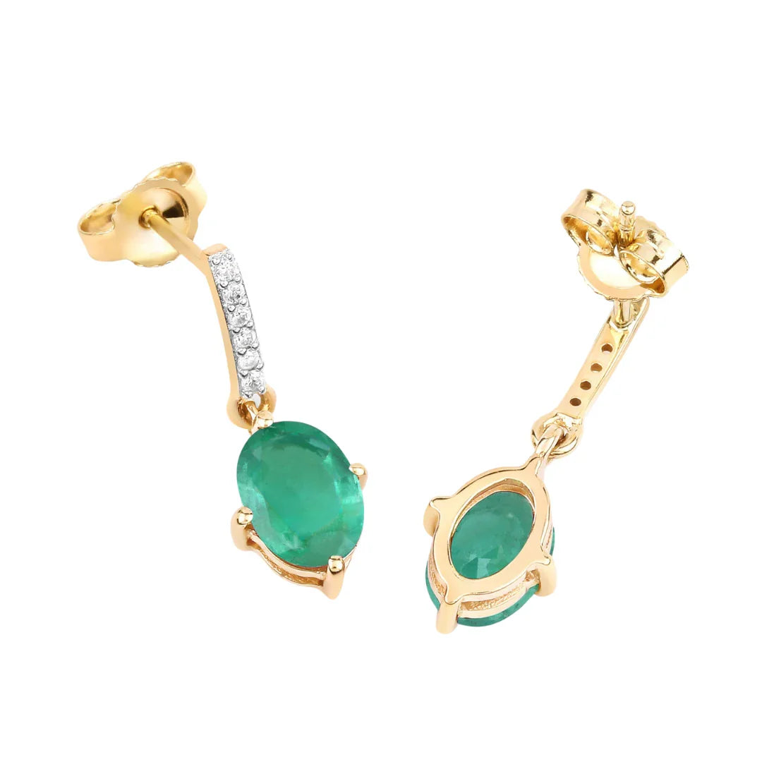 1.44 Ct Oval Green Zambian Emerald Diamond Prong 10K Gold Dangle Earrings