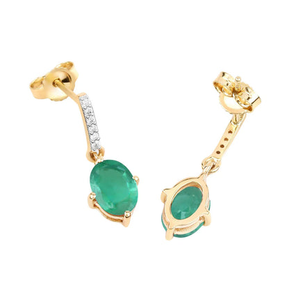 1.44 Ct Oval Green Zambian Emerald Diamond Prong 10K Gold Dangle Earrings