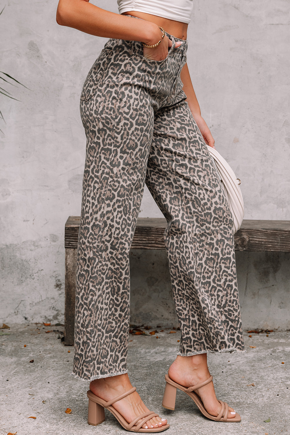 Threaded Pear Brianna Leopard Frayed Edge Wide Leg High Waist Jeans