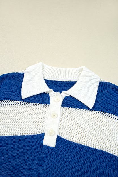 Threaded Pear Genevieve Stripe Collar Eyelet Crochet Knitted Sweater