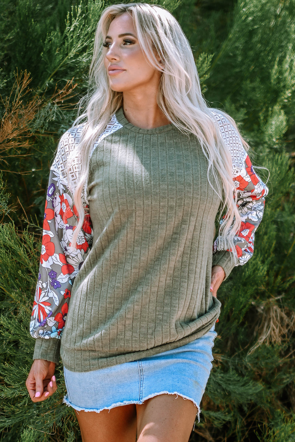 Threaded Pear Bailey Patchwork Long Sleeve Ribbed Blouse