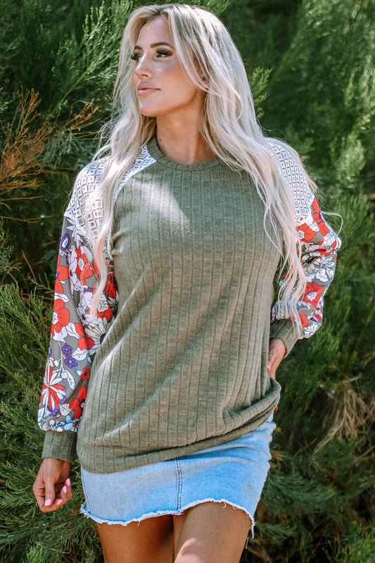 Threaded Pear Bailey Patchwork Long Sleeve Ribbed Blouse