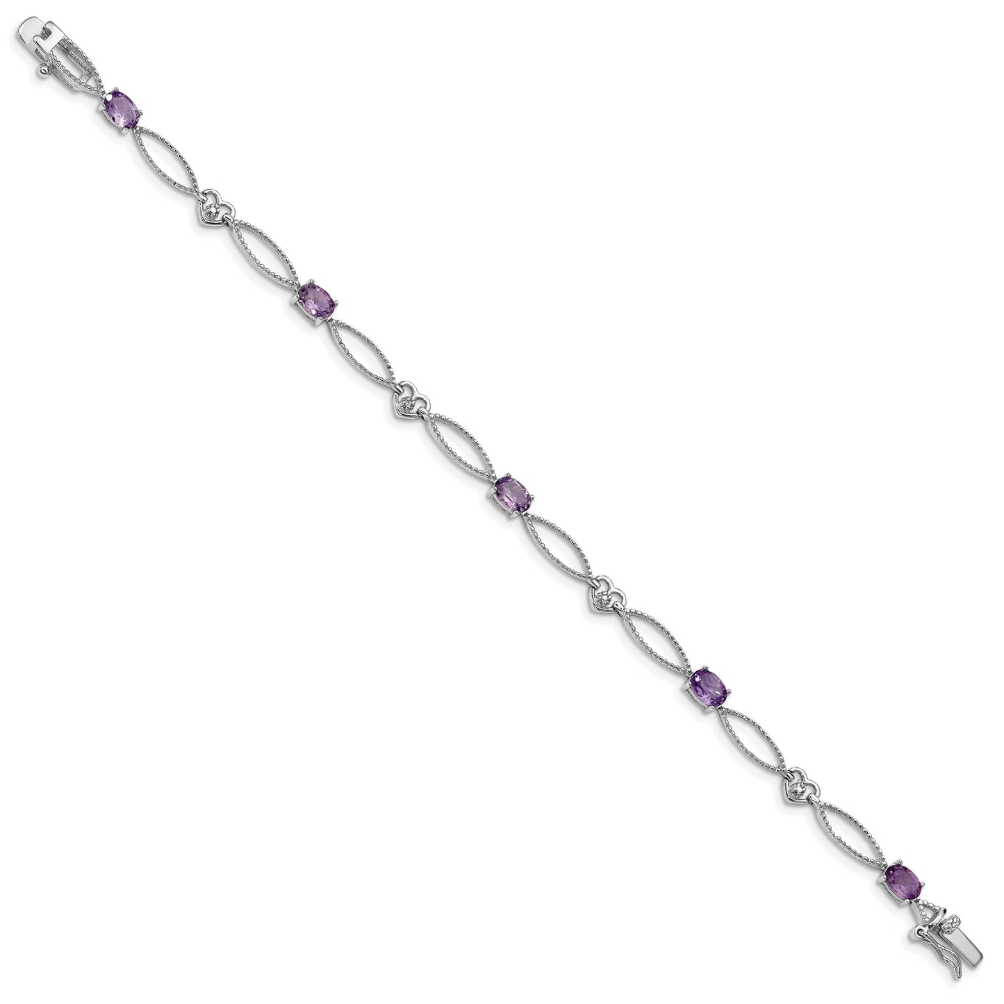 Oval Purple Amethyst & Diamond Prong Sterling Silver Heart Link Bracelet