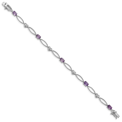 Oval Purple Amethyst & Diamond Prong Sterling Silver Heart Link Bracelet
