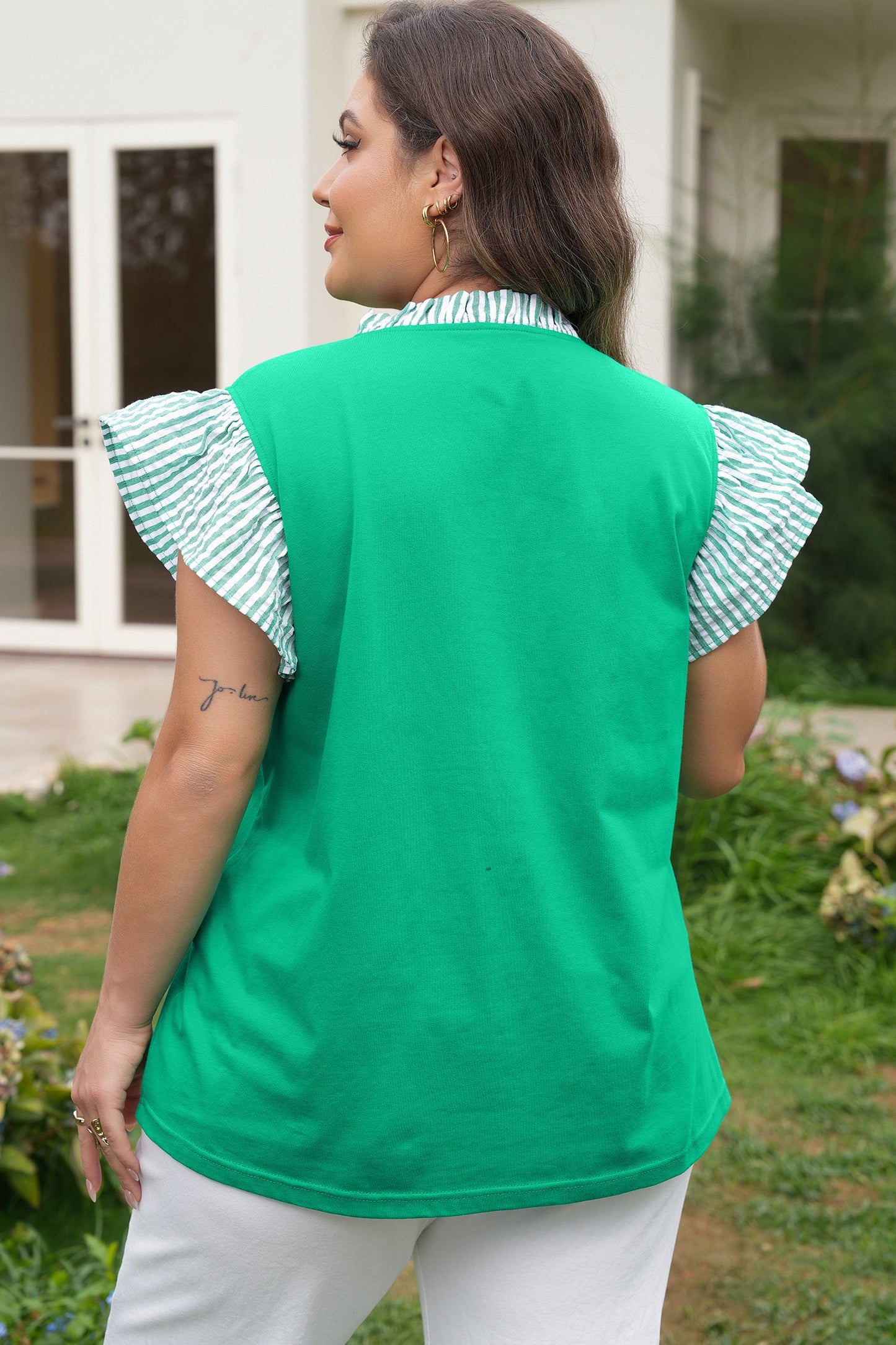 Threaded Pear Presley Trim Flutter Sleeve Plus Blouse