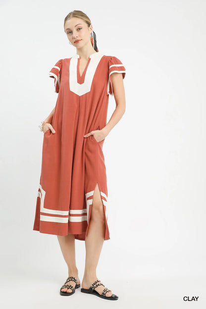 Umgee Linen Cotton Contrast Neckline Midi Dress in Clay